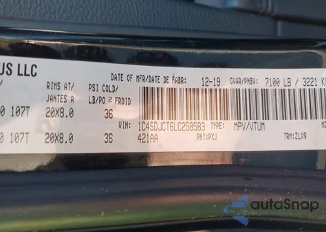 2020 Dodge Durango R/T z USA, uszkodzony, nr VIN 1C4SDJCT6LC258583